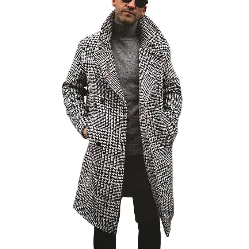 Men's Retro Classic Casual Double Breasted Knee-Length Houndstooth Coat 00944809K