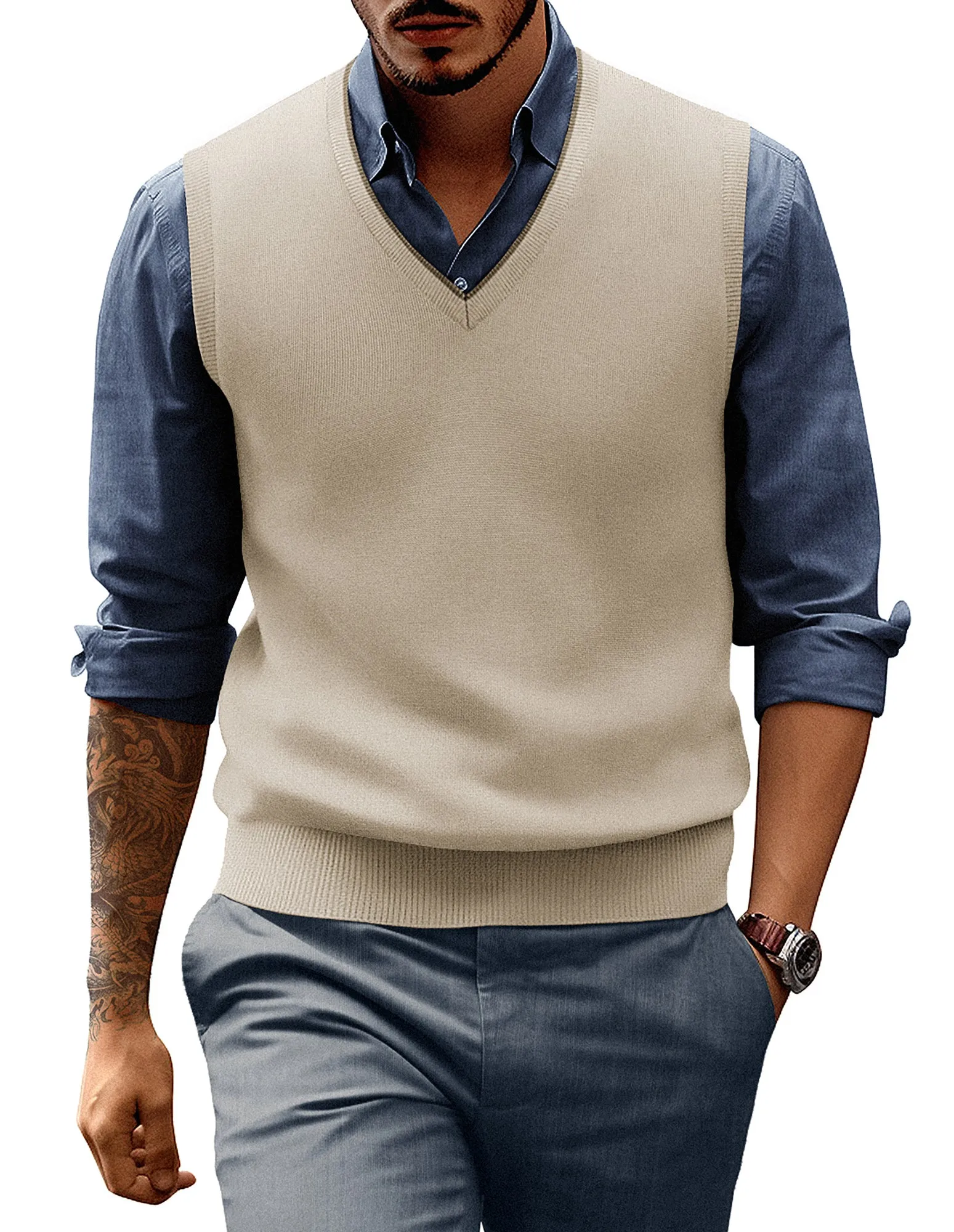 Men's Sweater Vest Wool Blended Knitted Vest Sweaters V-Neck Sleeveless Pullover Vest