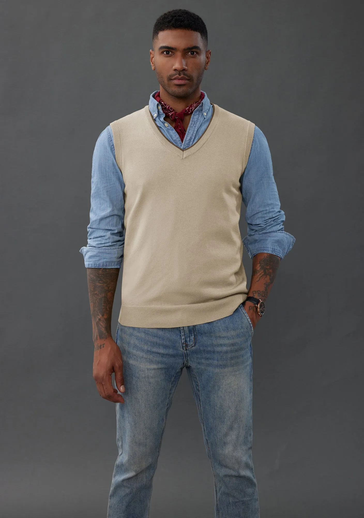 Men's Sweater Vest Wool Blended Knitted Vest Sweaters V-Neck Sleeveless Pullover Vest