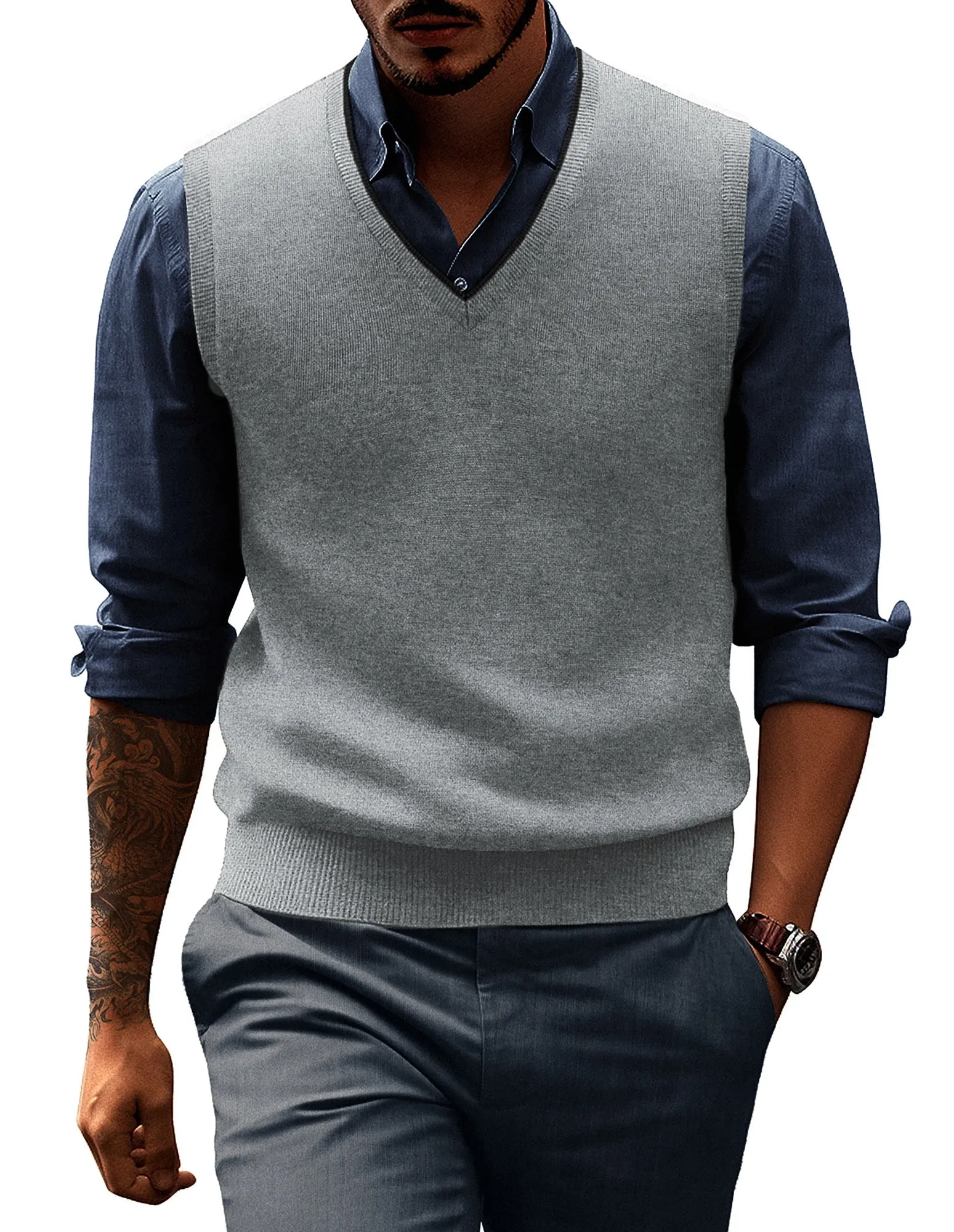 Men's Sweater Vest Wool Blended Knitted Vest Sweaters V-Neck Sleeveless Pullover Vest