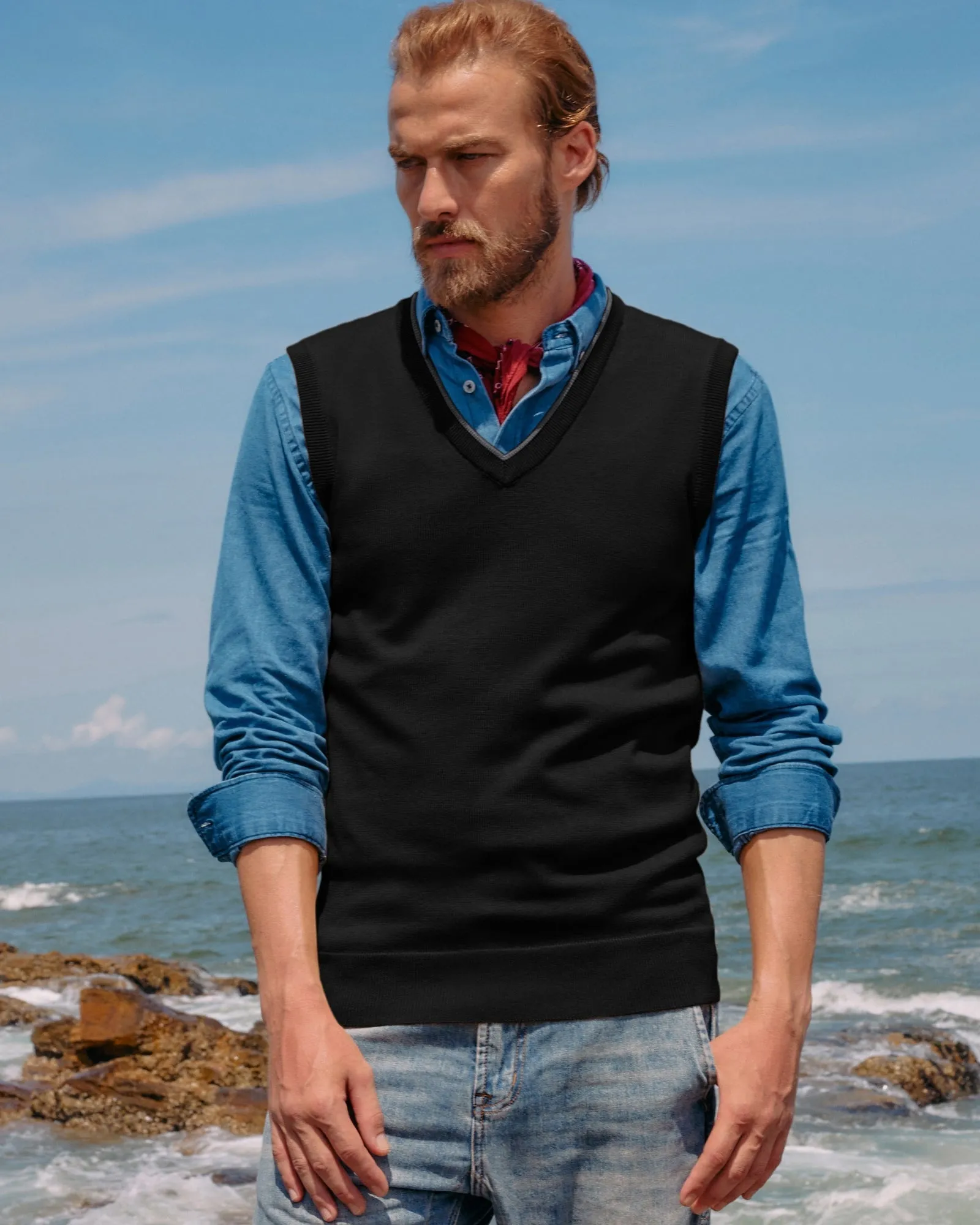 Men's Sweater Vest Wool Blended Knitted Vest Sweaters V-Neck Sleeveless Pullover Vest