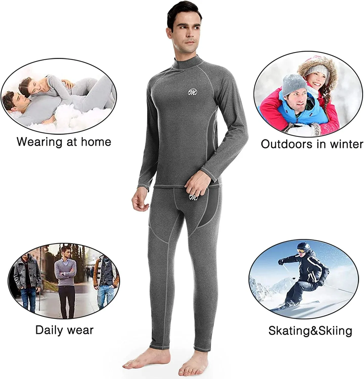 Men's Thermal Underwear Set Winter Ski Gear Fleece Lined Long Johns Base Layer Warm Top & Bottom for Skiing Running