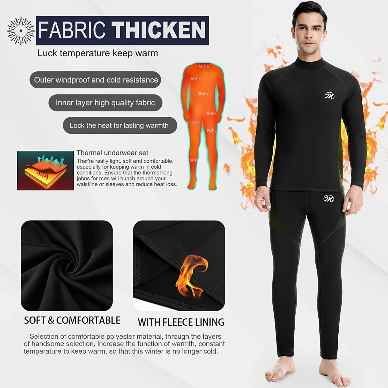 Men's Thermal Underwear Set Winter Ski Gear Fleece Lined Long Johns Base Layer Warm Top & Bottom for Skiing Running