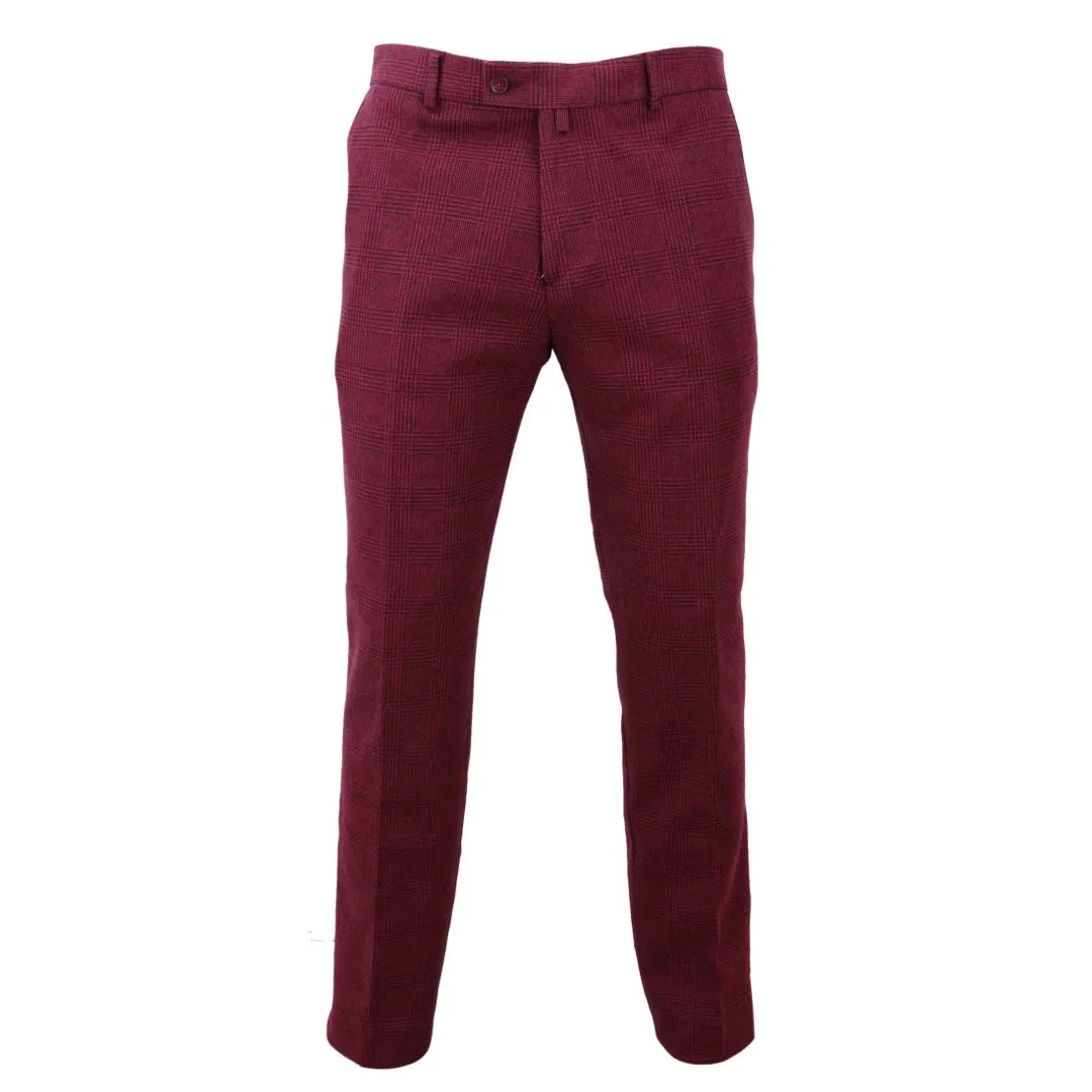 Men's Tweed Trousers Check Herringbone Wine Burgundy 1920s