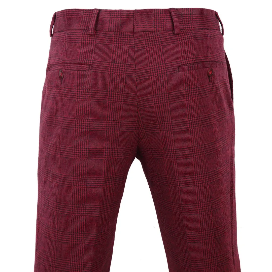 Men's Tweed Trousers Check Herringbone Wine Burgundy 1920s