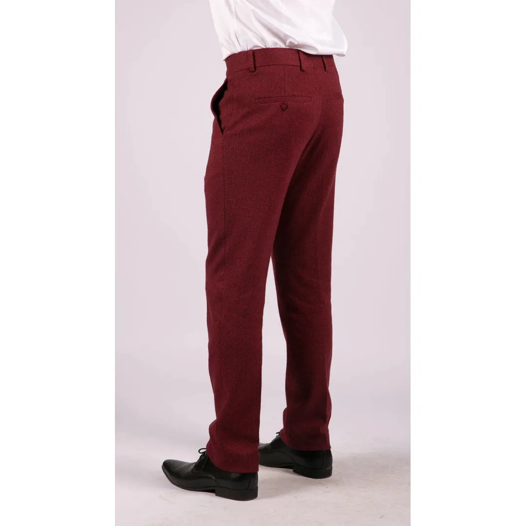 Men's Tweed Trousers Check Herringbone Wine Burgundy 1920s