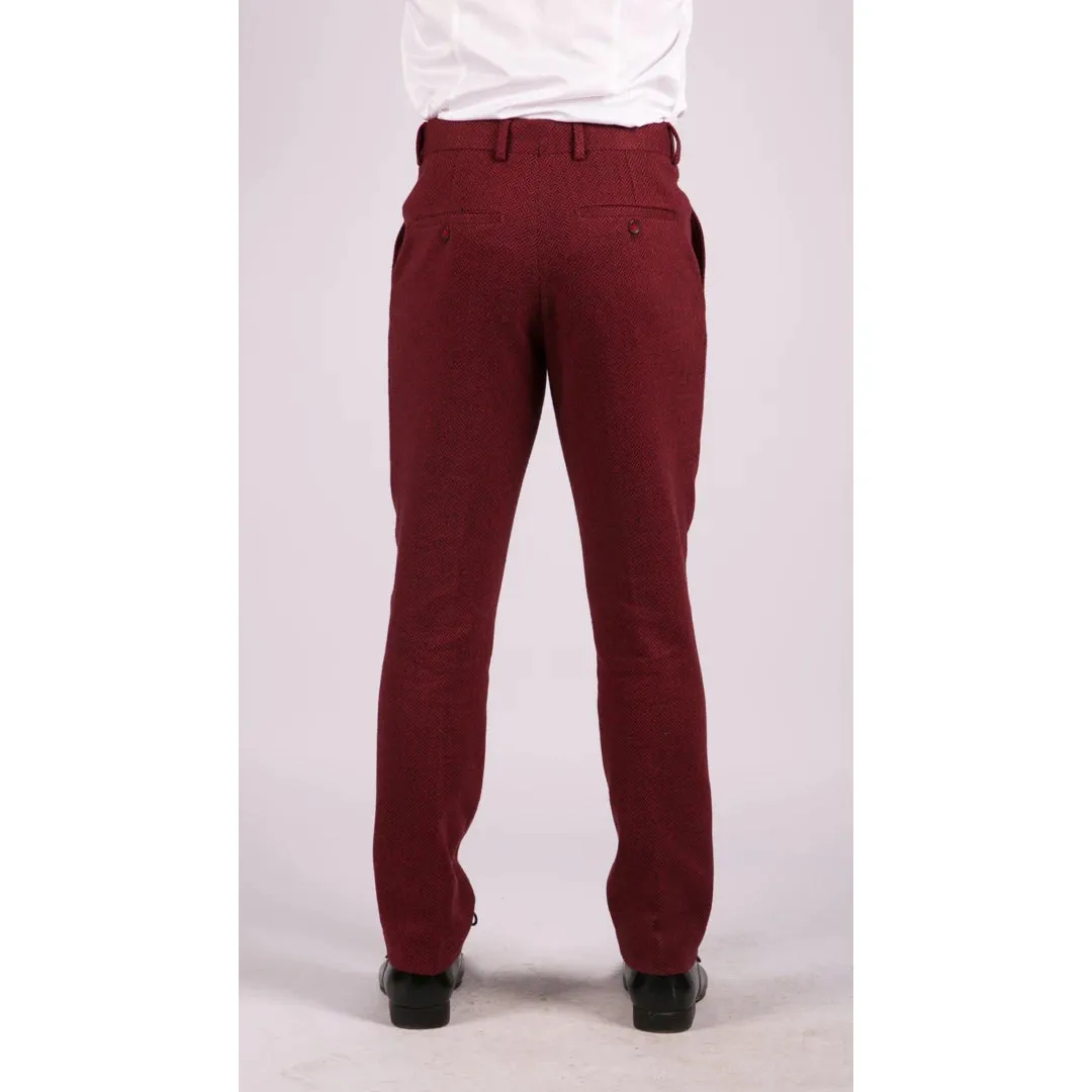 Men's Tweed Trousers Check Herringbone Wine Burgundy 1920s