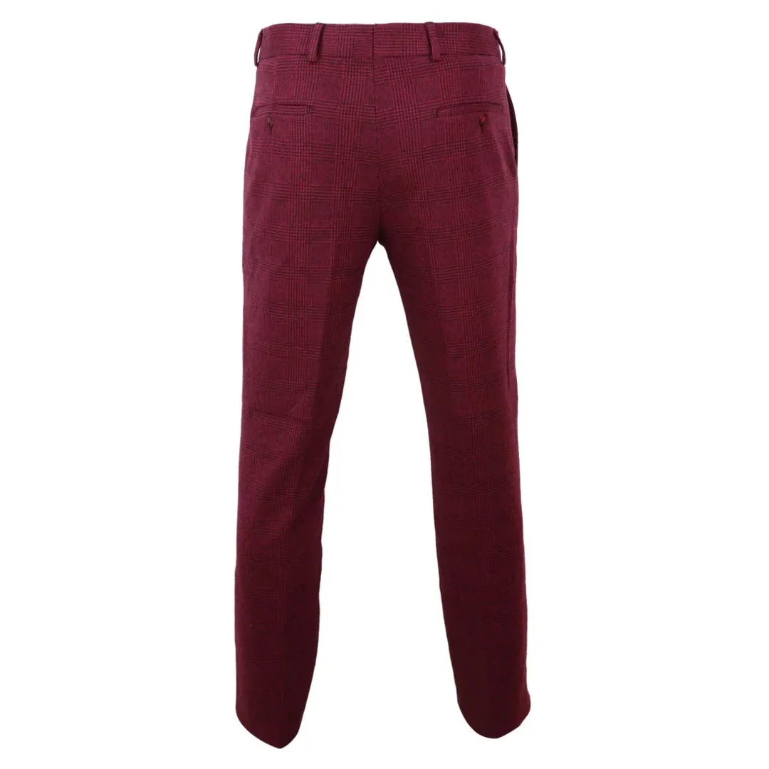 Men's Tweed Trousers Check Herringbone Wine Burgundy 1920s