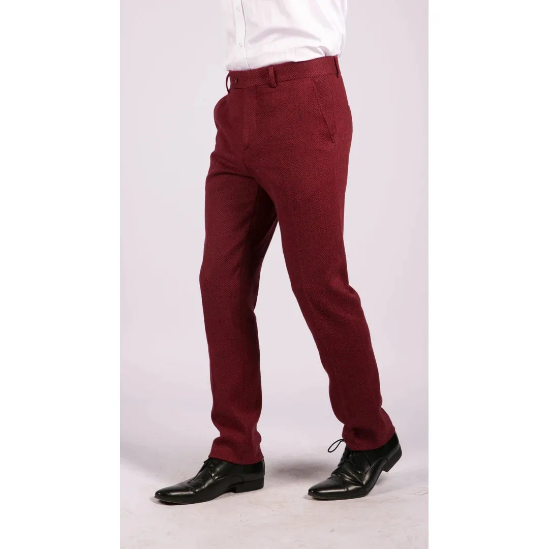 Men's Tweed Trousers Check Herringbone Wine Burgundy 1920s