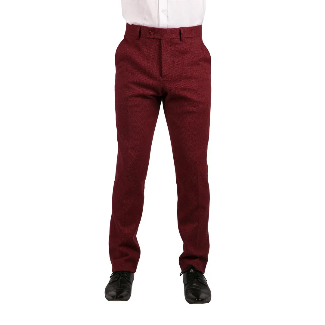 Men's Tweed Trousers Check Herringbone Wine Burgundy 1920s