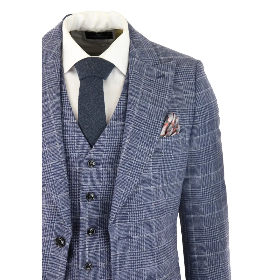 Men's Tweed Wool Check Suit 3 Piece Classic Blue Grey