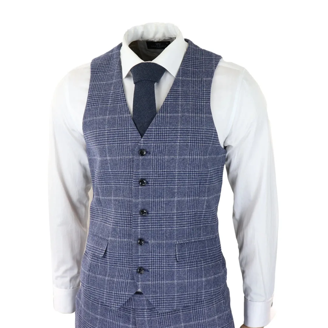 Men's Tweed Wool Check Suit 3 Piece Classic Blue Grey