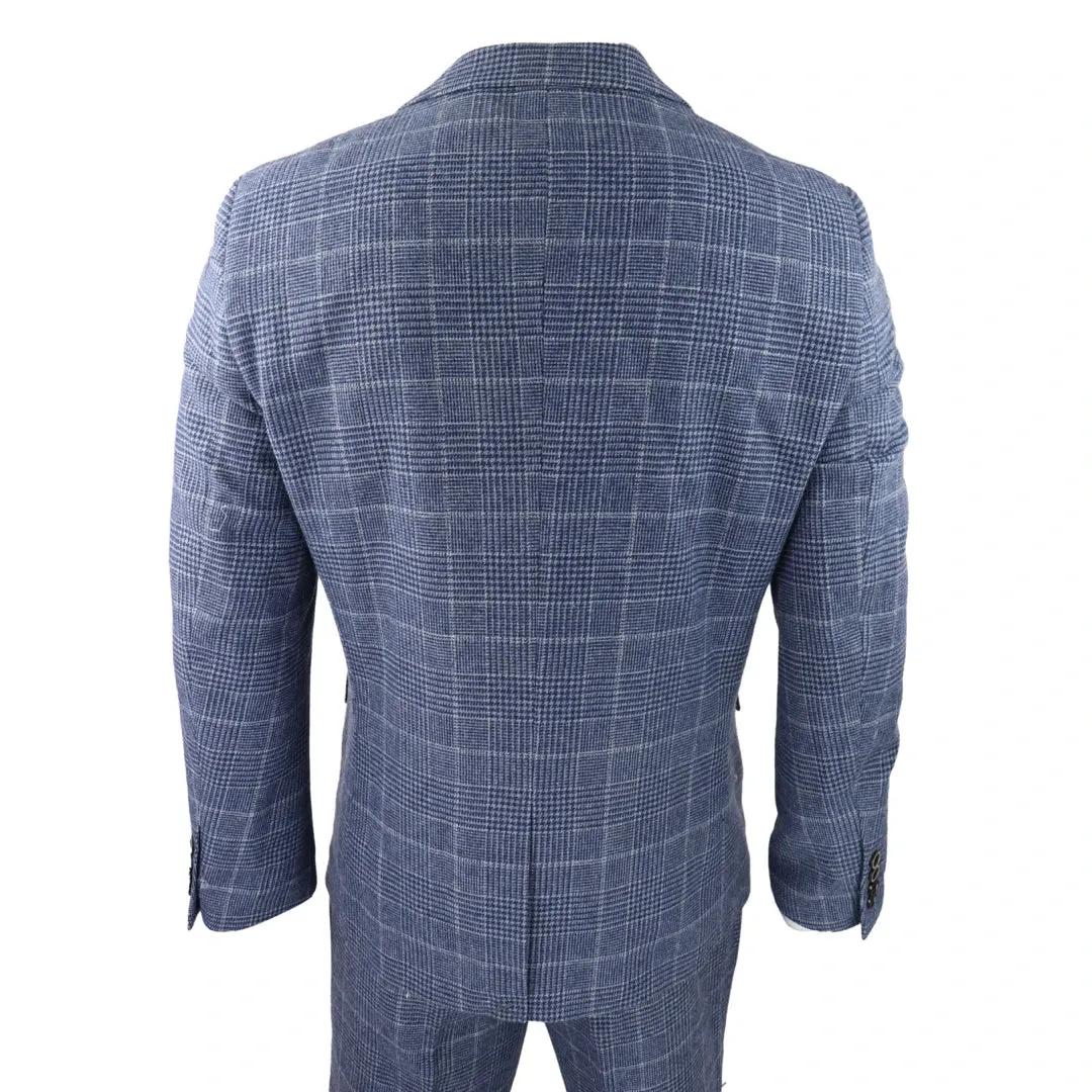 Men's Tweed Wool Check Suit 3 Piece Classic Blue Grey