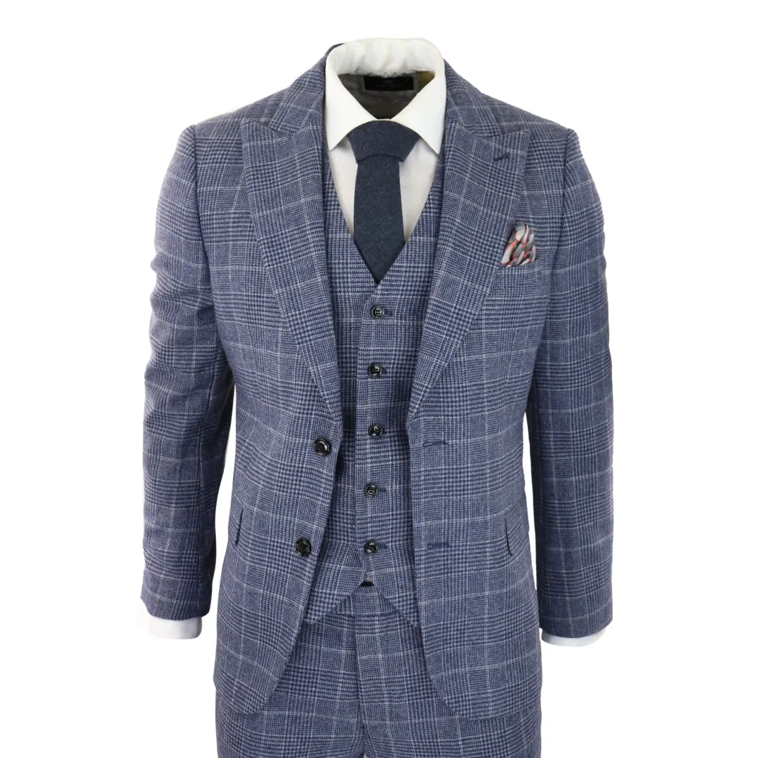 Men's Tweed Wool Check Suit 3 Piece Classic Blue Grey