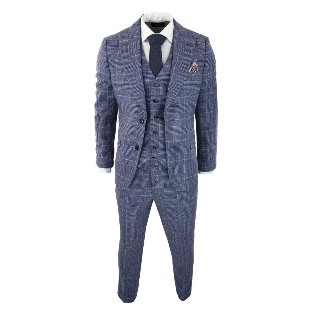 Men's Tweed Wool Check Suit 3 Piece Classic Blue Grey