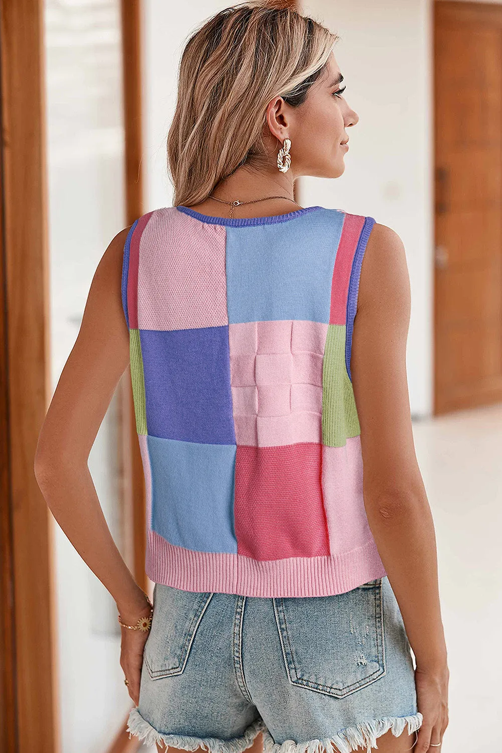 Multicolour Checkered Colorblock 3D Flower Knitted Vest