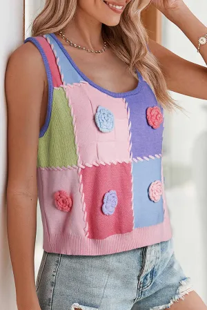 Multicolour Checkered Colorblock 3D Flower Knitted Vest