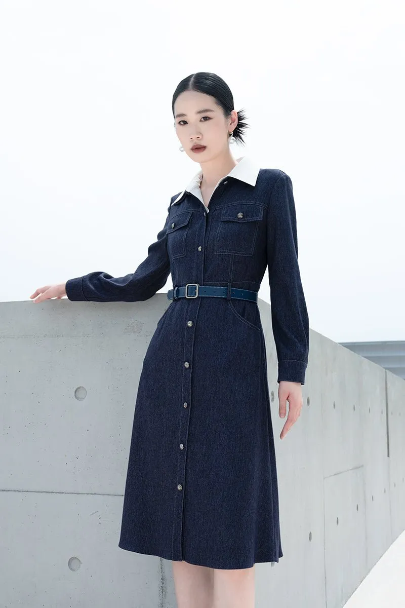 Navy Blue High Waisted Denim Midi Dresses