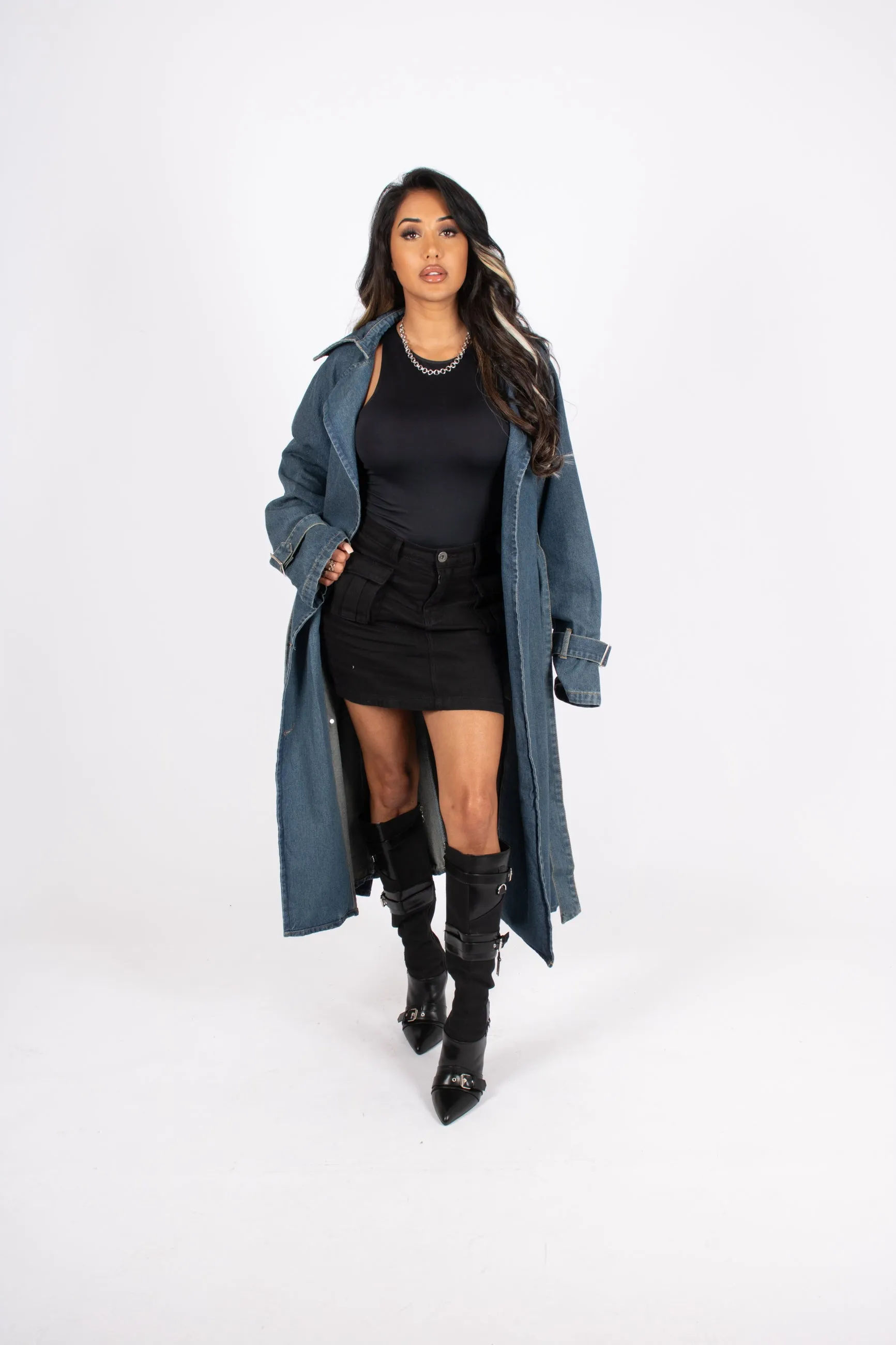 Oversized Denim Trench Tie Waist