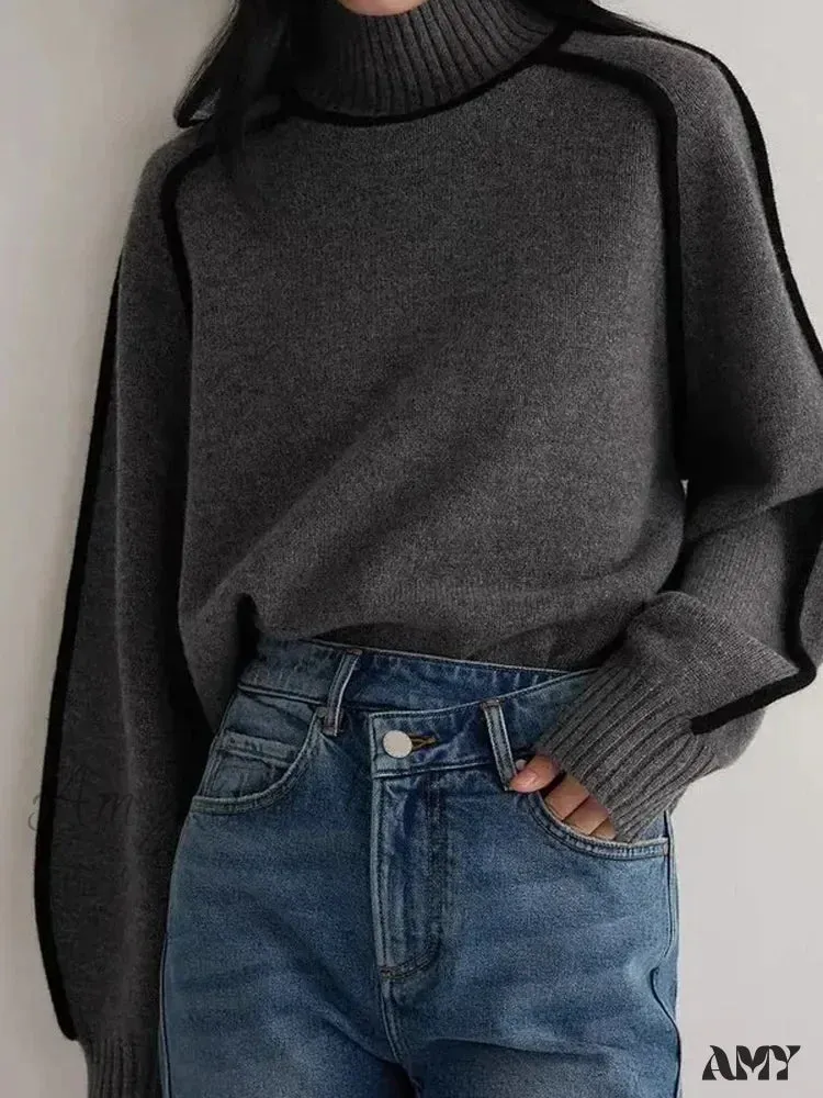 Patchwork Turtleneck Knitted Warm Thicken Long Sleeve Sweater