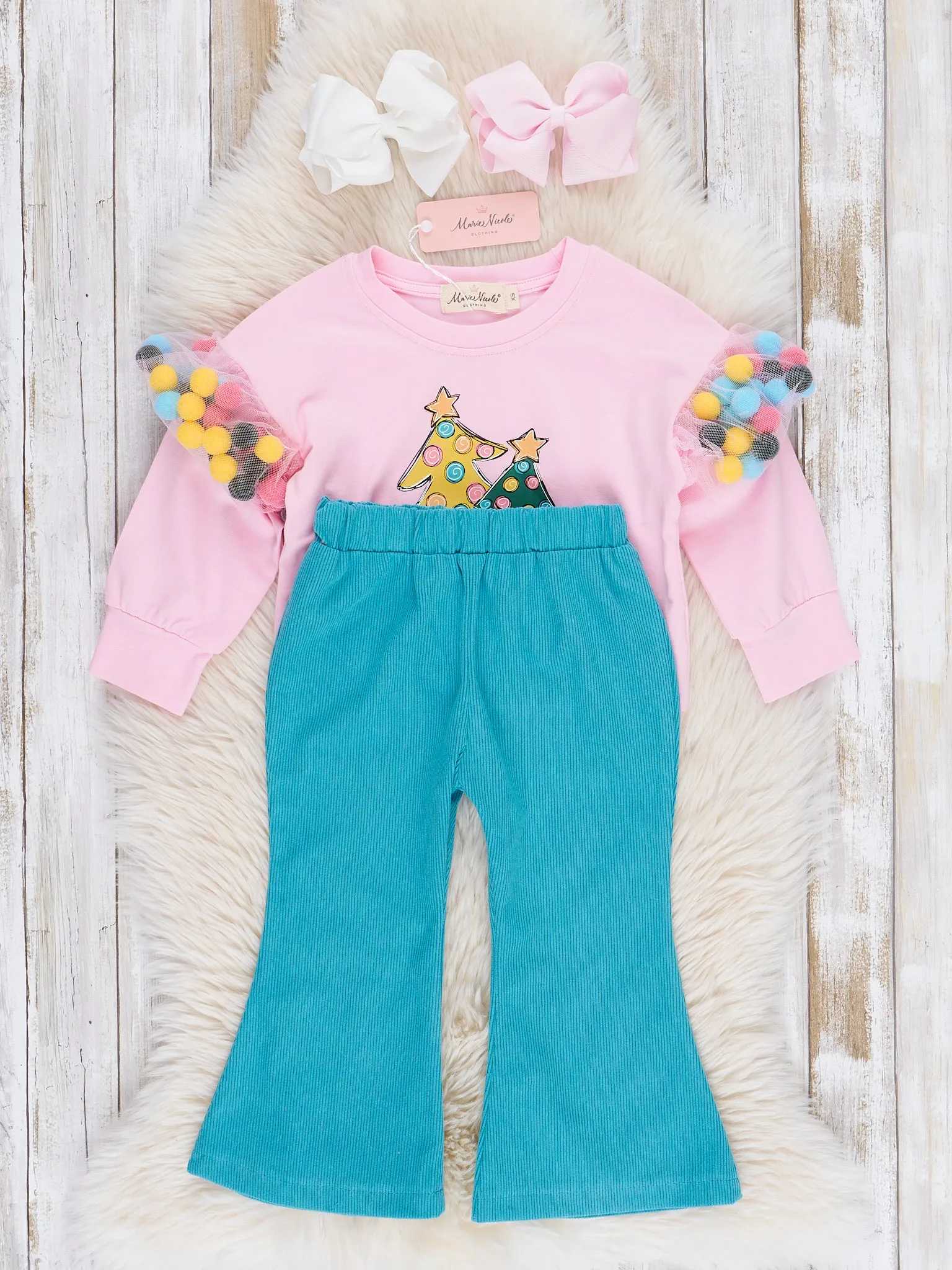 Pink Christmas Pom Poms Flare Pants Outfit