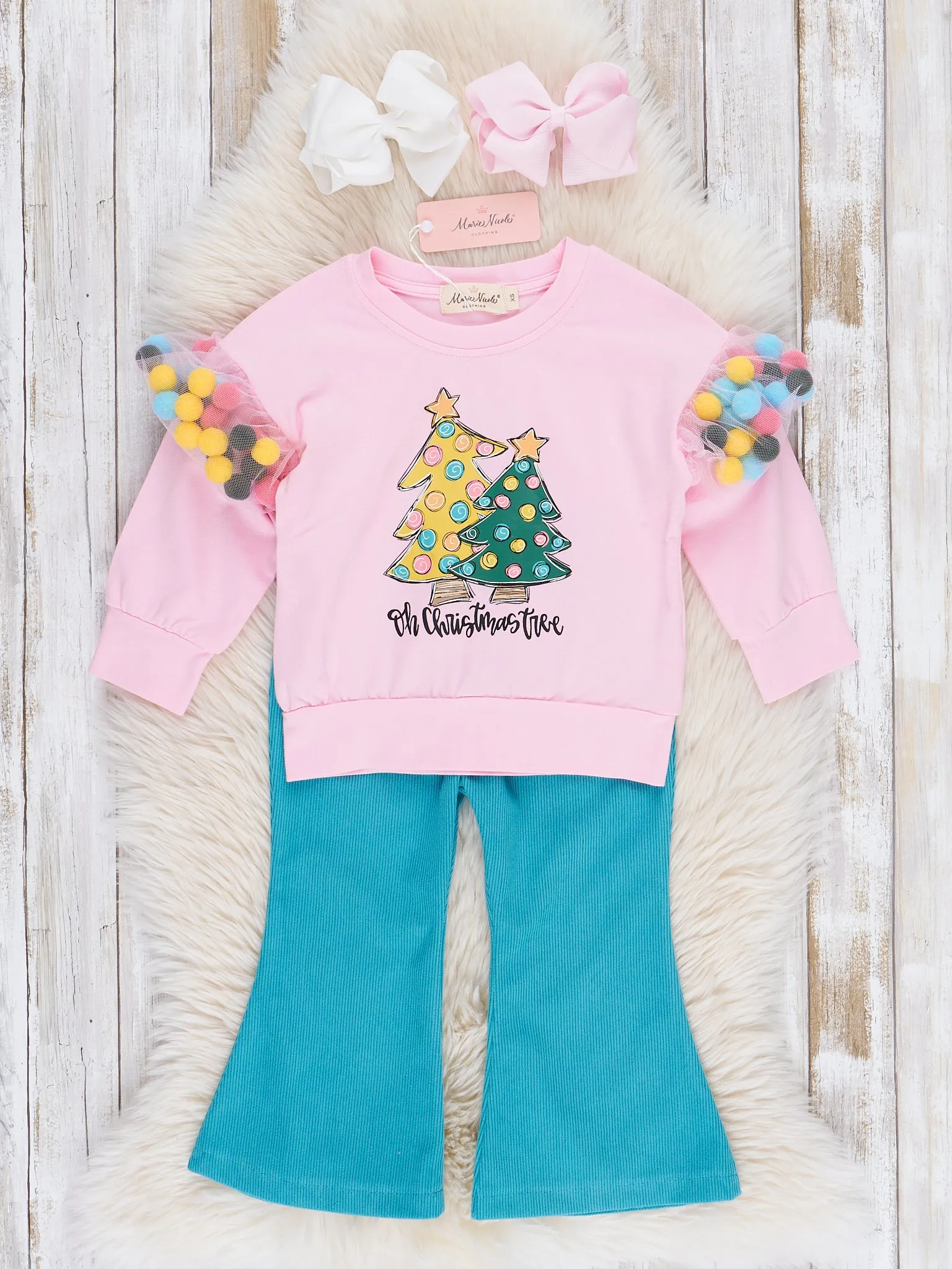 Pink Christmas Pom Poms Flare Pants Outfit