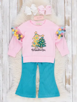 Pink Christmas Pom Poms Flare Pants Outfit