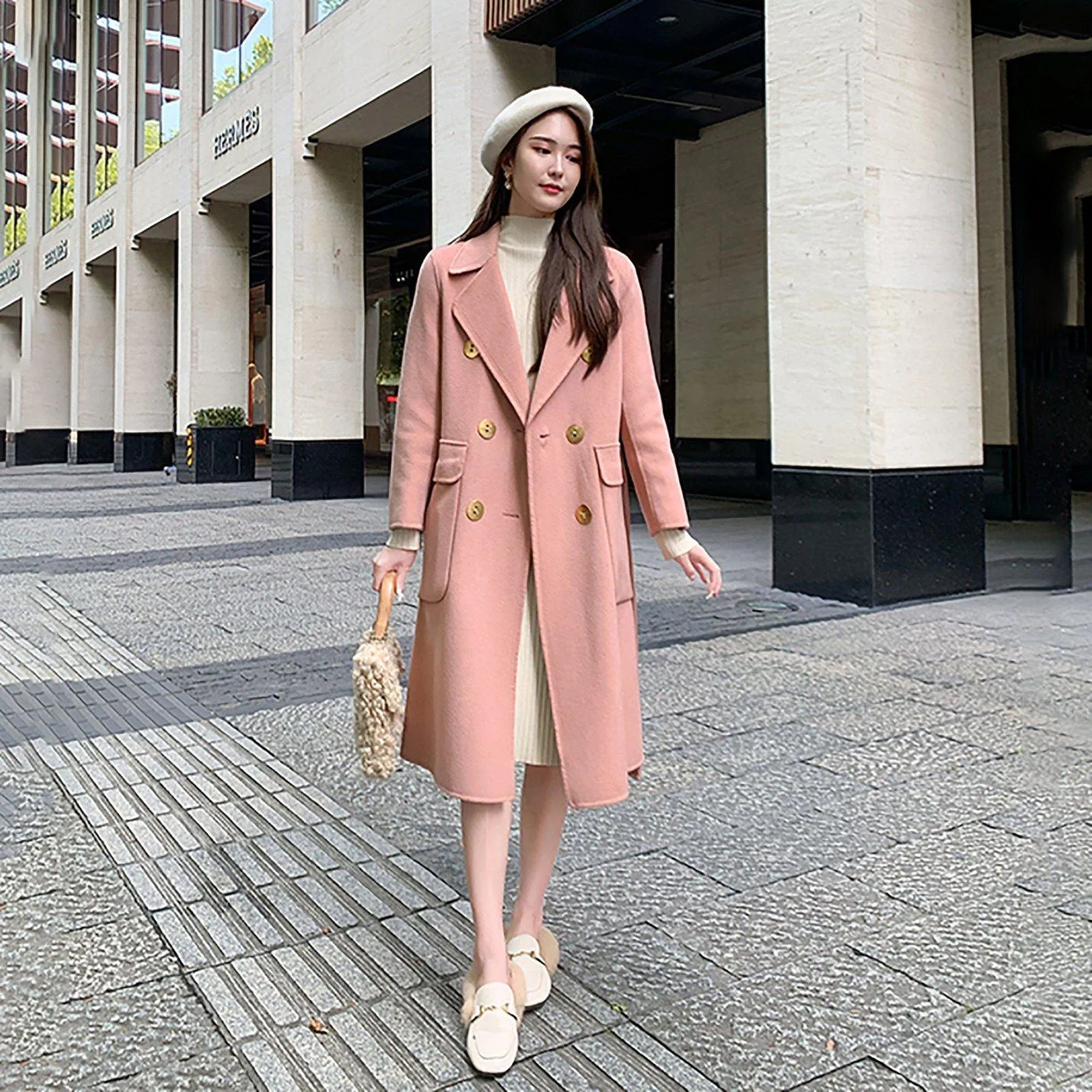 Pink Double Breasted Wool Blend Long Coat