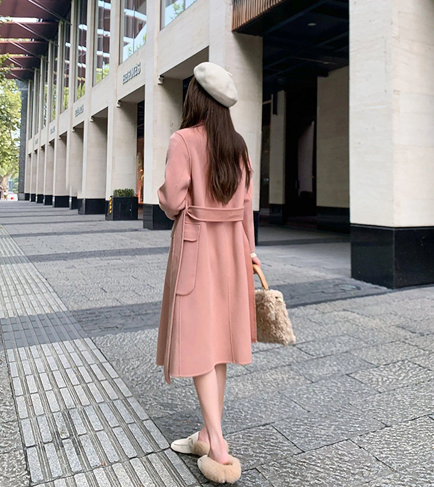 Pink Double Breasted Wool Blend Long Coat