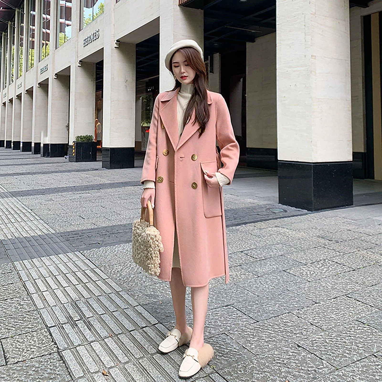 Pink Double Breasted Wool Blend Long Coat