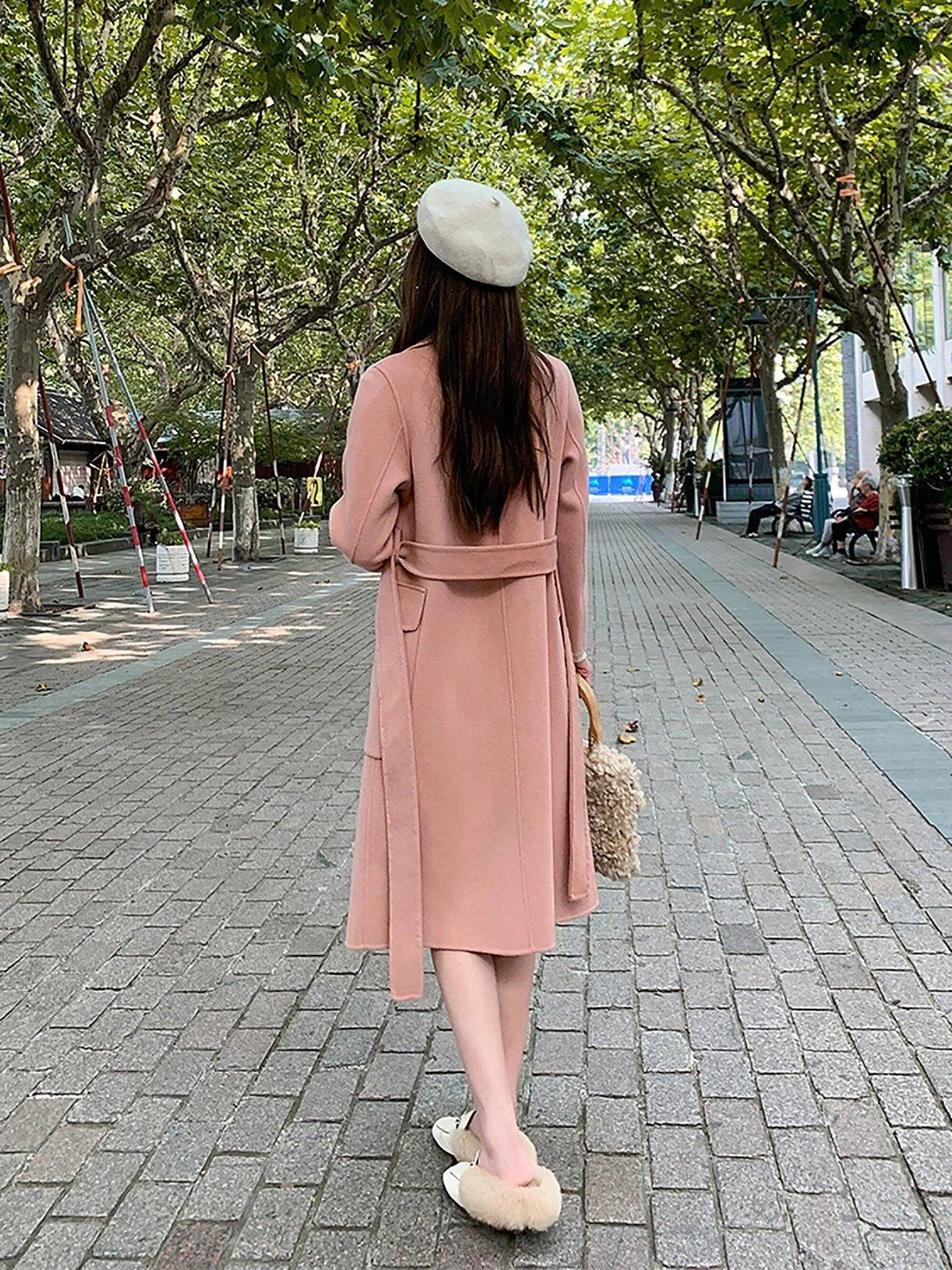 Pink Double Breasted Wool Blend Long Coat