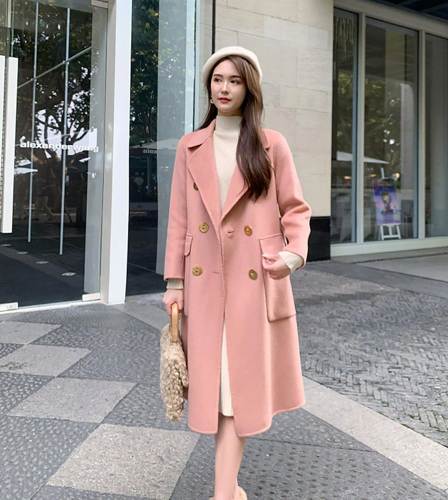 Pink Double Breasted Wool Blend Long Coat