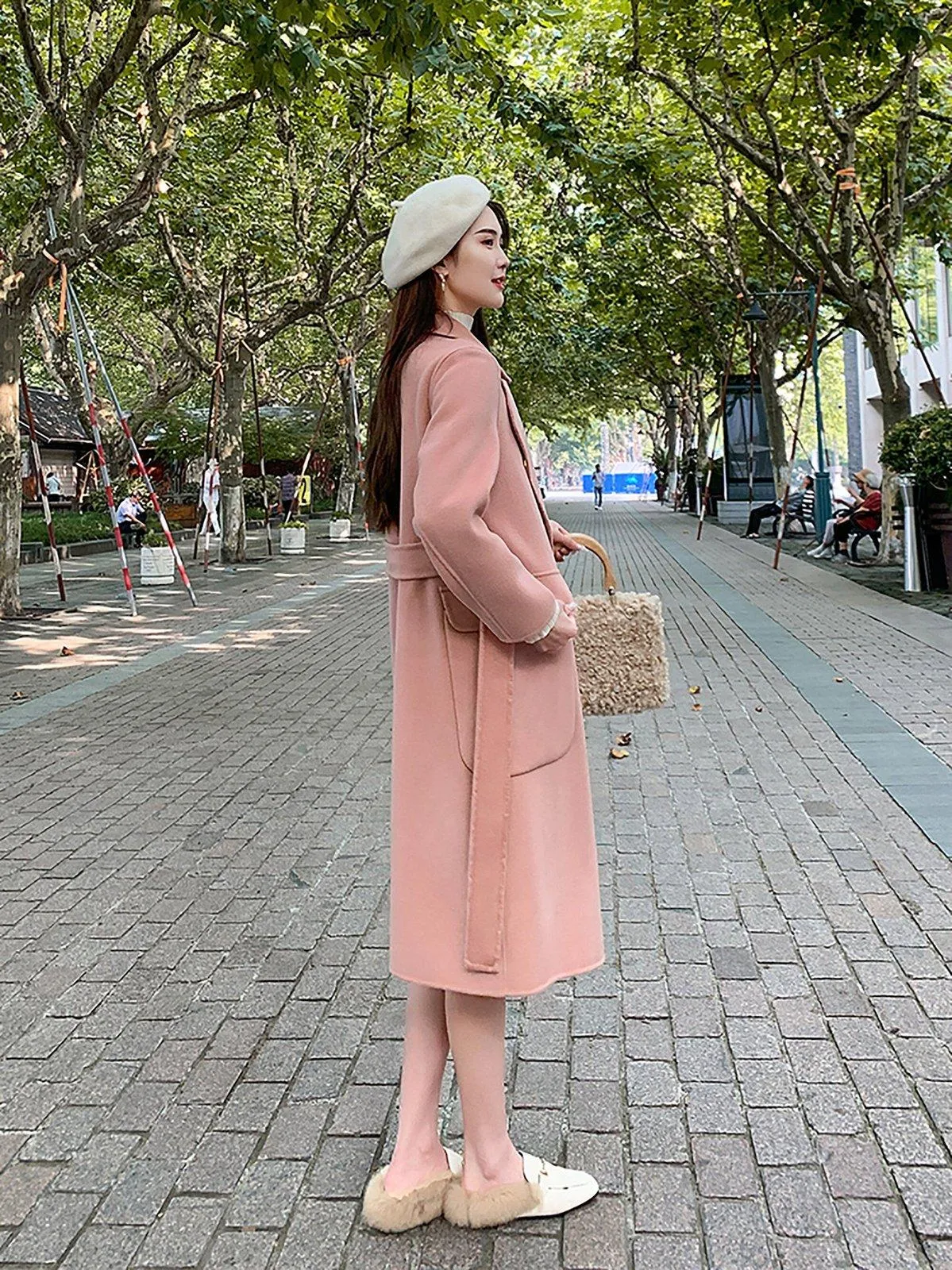 Pink Double Breasted Wool Blend Long Coat