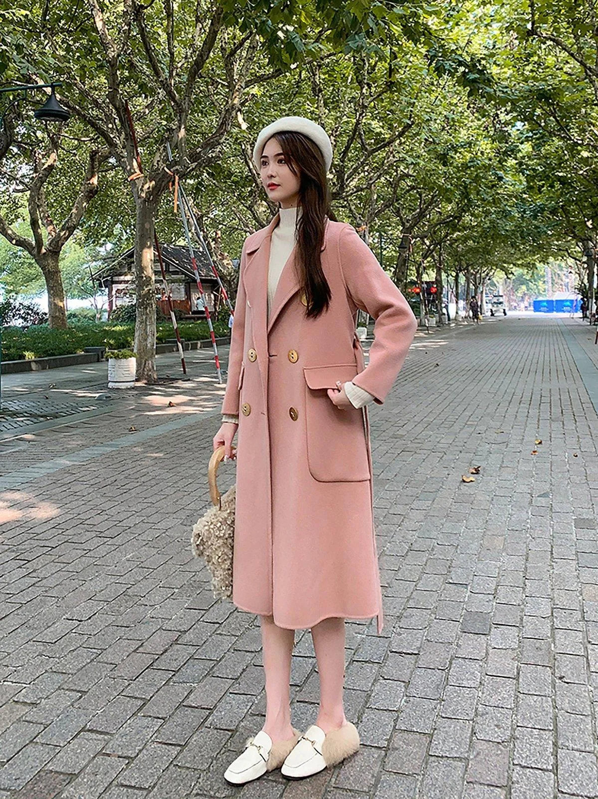 Pink Double Breasted Wool Blend Long Coat