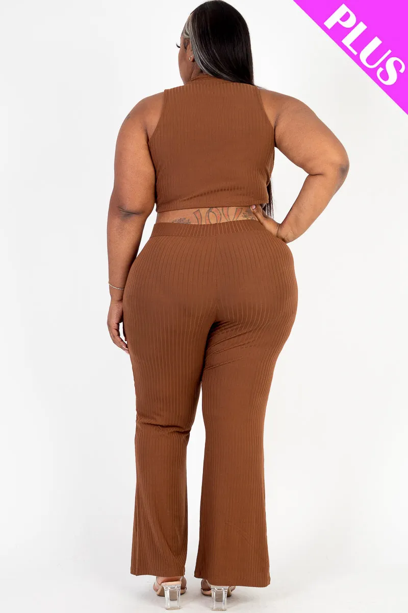 Plus Size Ribbed Mock Neck Crop Tank Top& Bootcut Pants Set