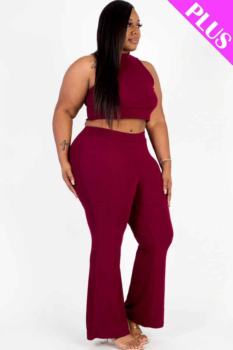 Plus Size Ribbed Mock Neck Crop Tank Top& Bootcut Pants Set