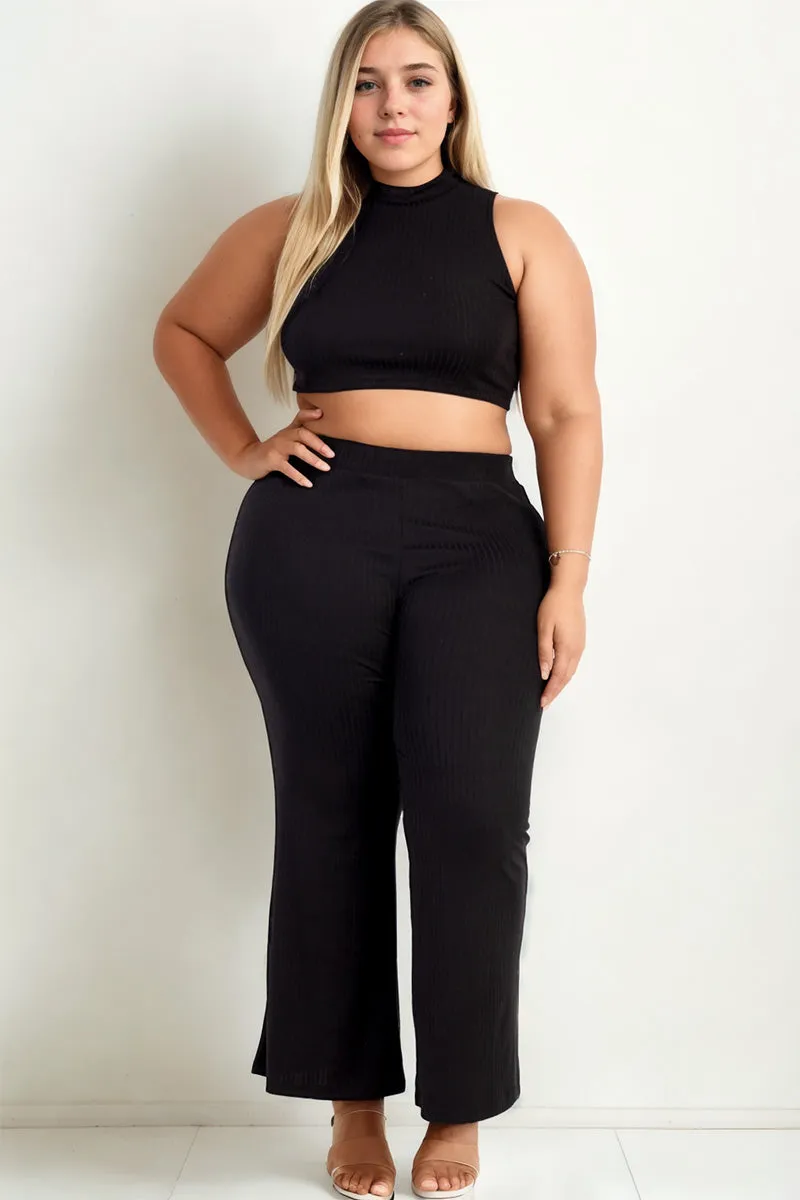 Plus Size Ribbed Mock Neck Crop Tank Top& Bootcut Pants Set