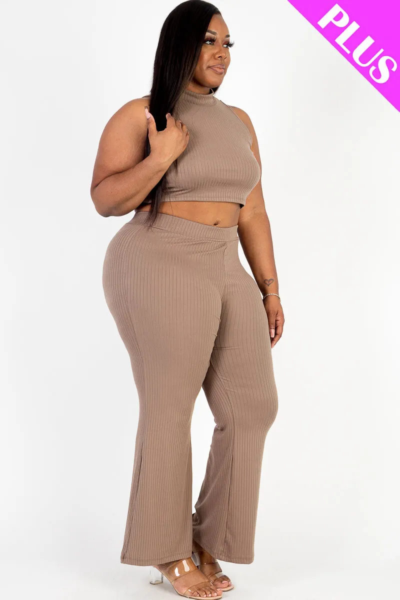 Plus Size Ribbed Mock Neck Crop Tank Top& Bootcut Pants Set