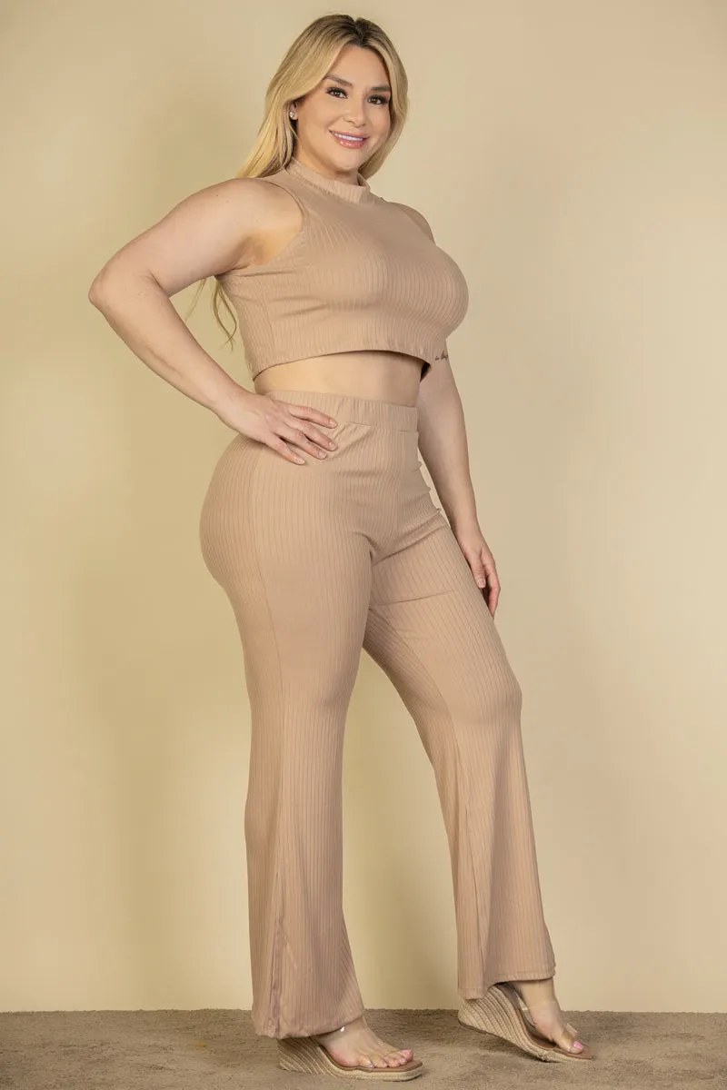 Plus Size Ribbed Mock Neck Crop Tank Top& Bootcut Pants Set