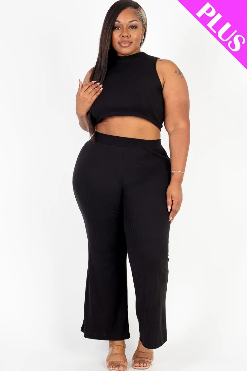 Plus Size Ribbed Mock Neck Crop Tank Top& Bootcut Pants Set