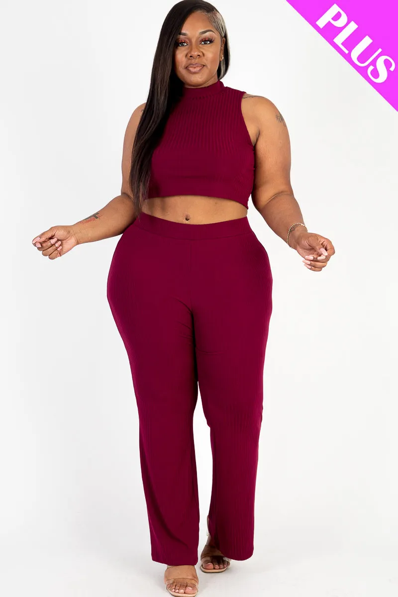 Plus Size Ribbed Mock Neck Crop Tank Top& Bootcut Pants Set