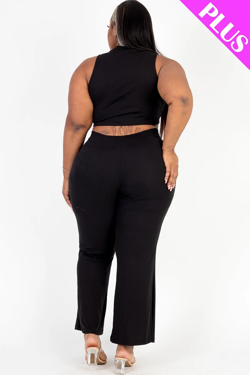 Plus Size Ribbed Mock Neck Crop Tank Top& Bootcut Pants Set