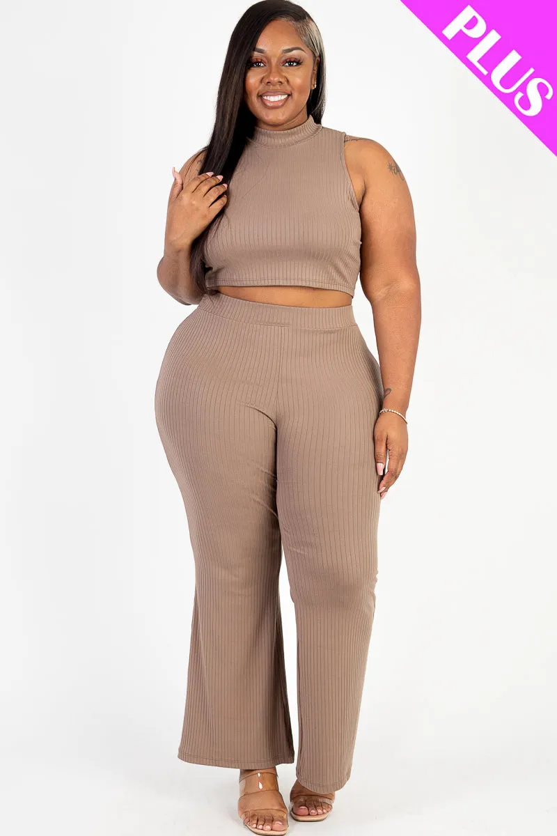 Plus Size Ribbed Mock Neck Crop Tank Top& Bootcut Pants Set