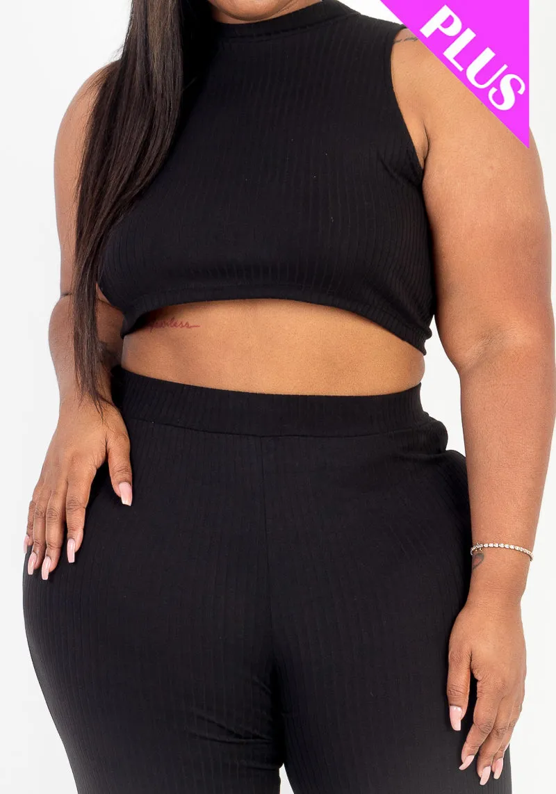 Plus Size Ribbed Mock Neck Crop Tank Top& Bootcut Pants Set