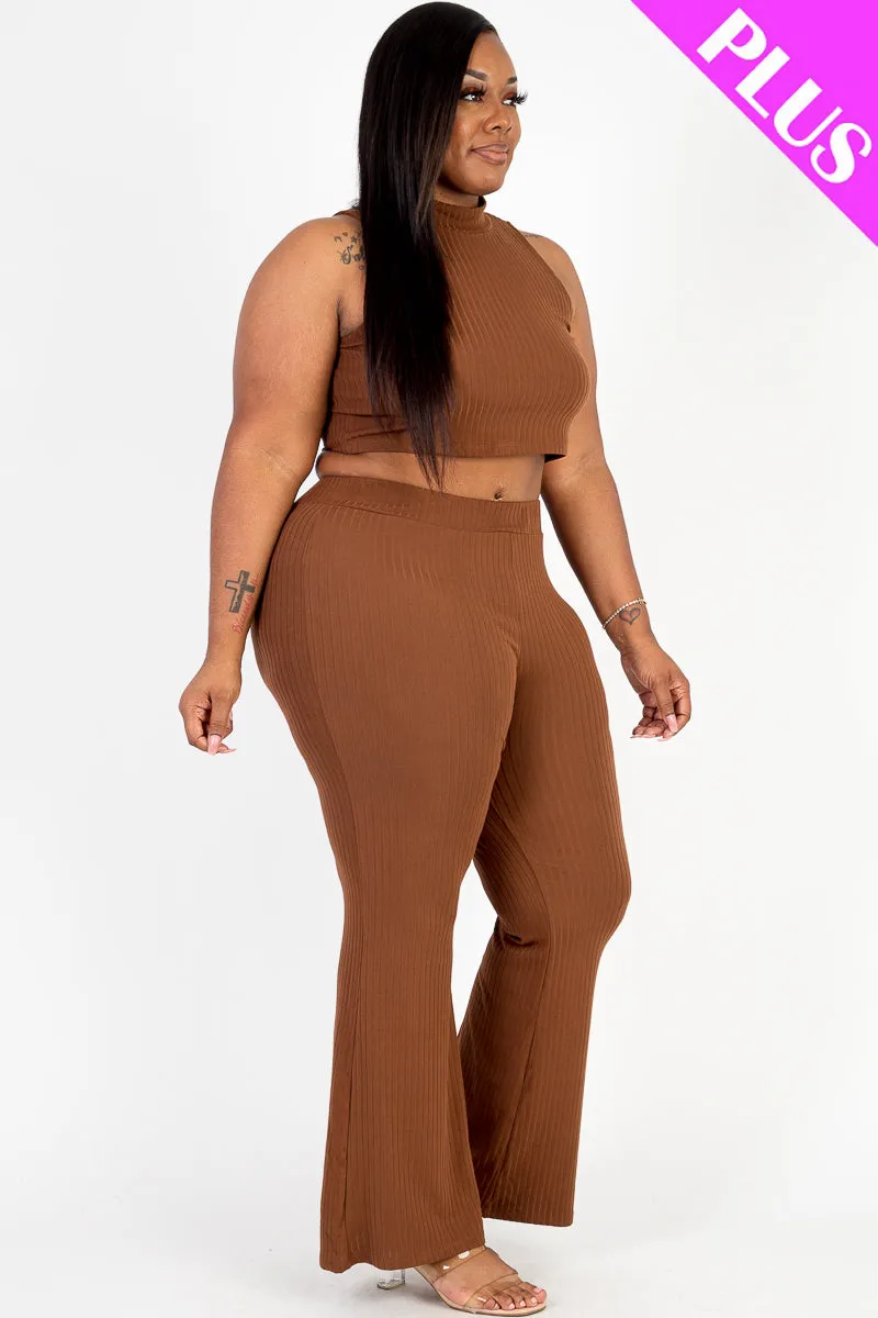 Plus Size Ribbed Mock Neck Crop Tank Top& Bootcut Pants Set