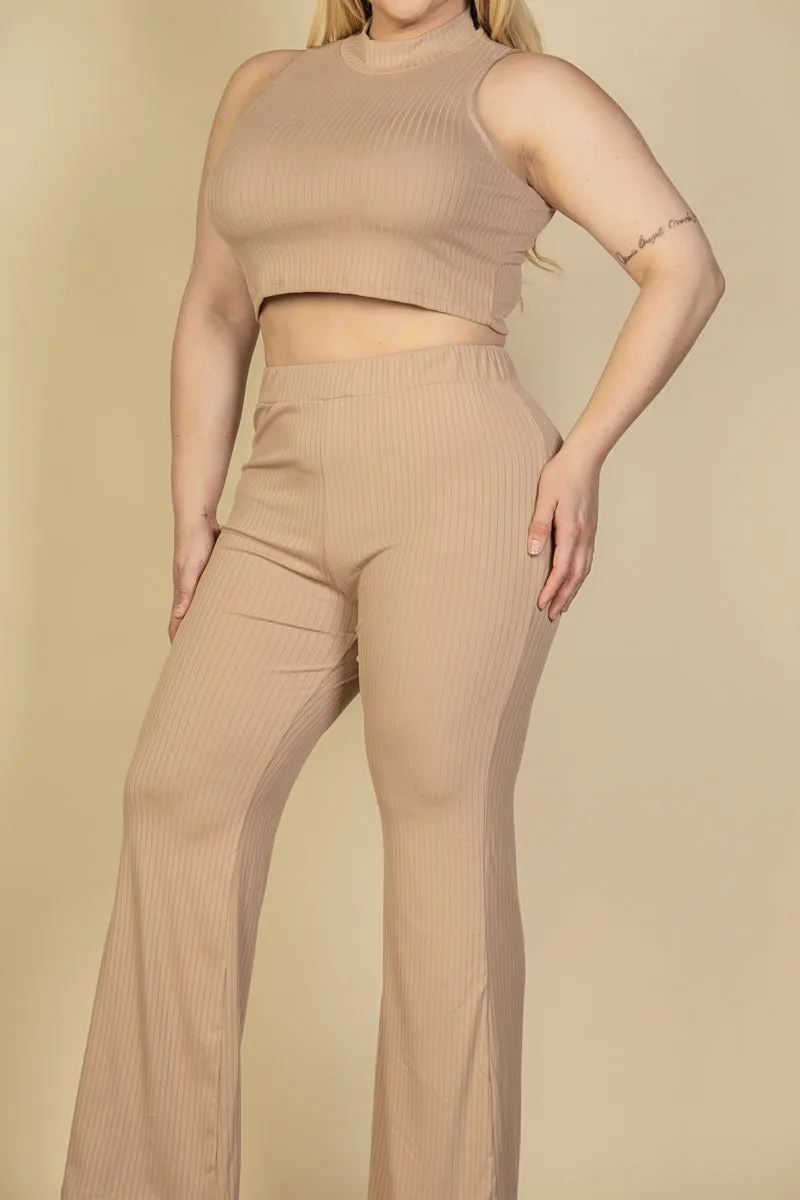 Plus Size Ribbed Mock Neck Crop Tank Top& Bootcut Pants Set