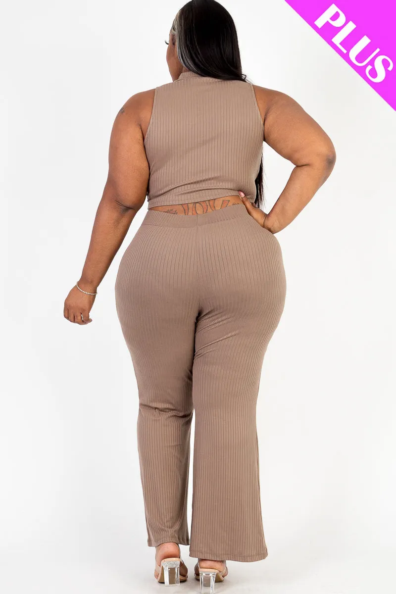 Plus Size Ribbed Mock Neck Crop Tank Top& Bootcut Pants Set