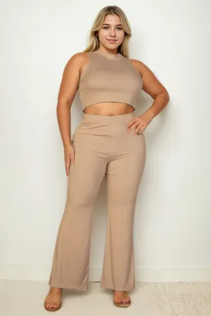 Plus Size Ribbed Mock Neck Crop Tank Top& Bootcut Pants Set