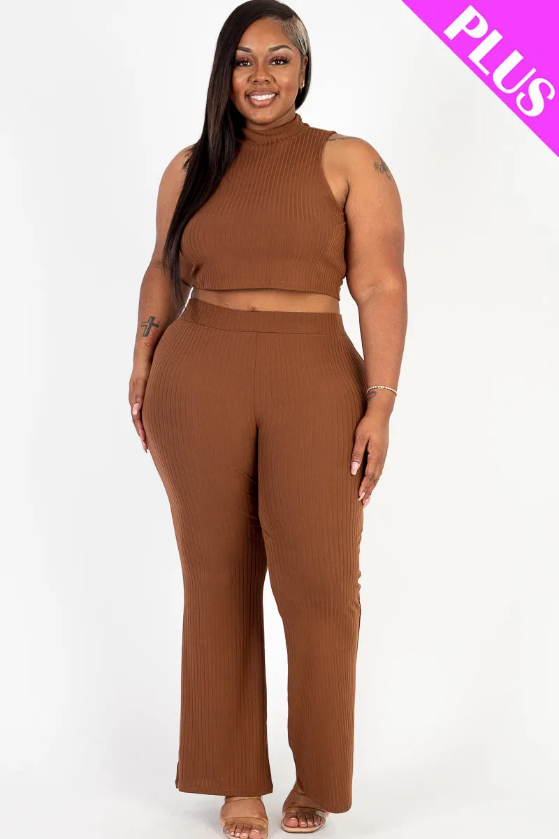 Plus Size Ribbed Mock Neck Crop Tank Top& Bootcut Pants Set