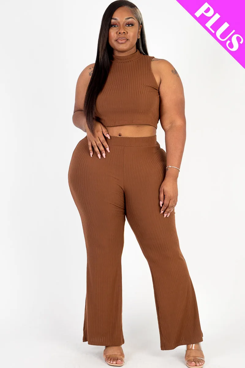 Plus Size Ribbed Mock Neck Crop Tank Top& Bootcut Pants Set